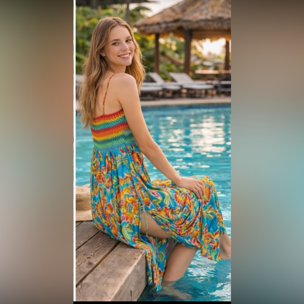 FARM Rio  Dewdrop Spectrum Crochet Cover Up MIDI Dress Multicolor Size S
